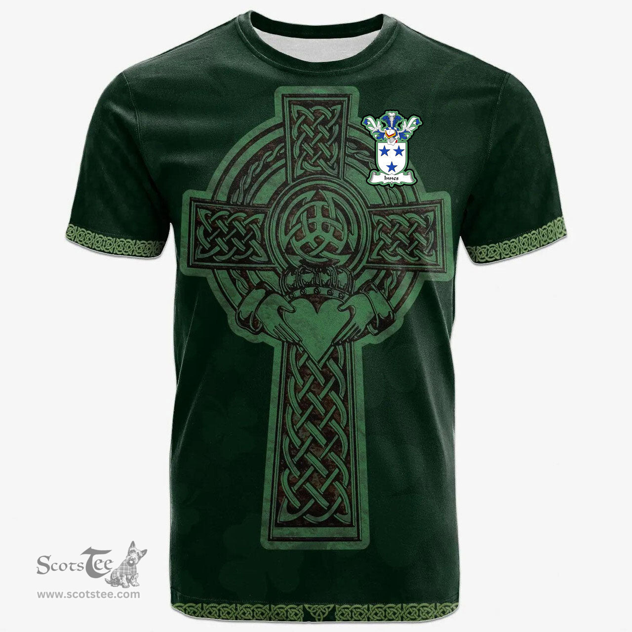 Irish Innes Coat of Arms Irish T Shirt Irish Cross with Celtic Knot and Claddagh Ring T Shirt