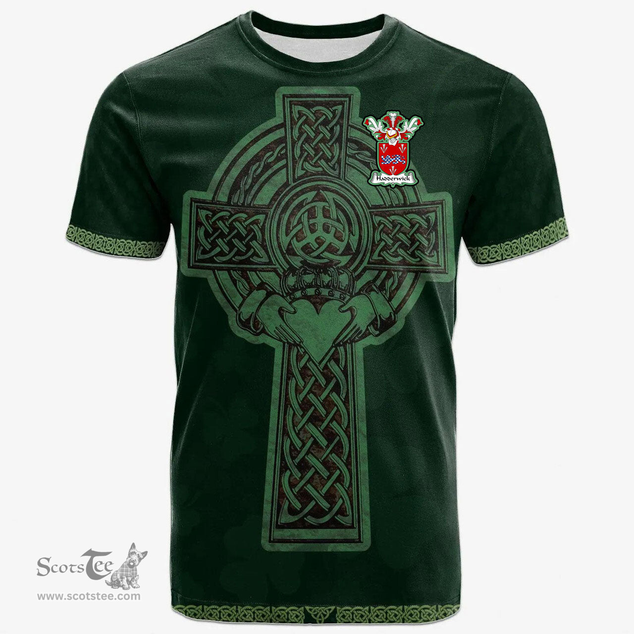 Irish Hadderwick Coat of Arms Irish T Shirt Irish Cross with Celtic Knot and Claddagh Ring T Shirt