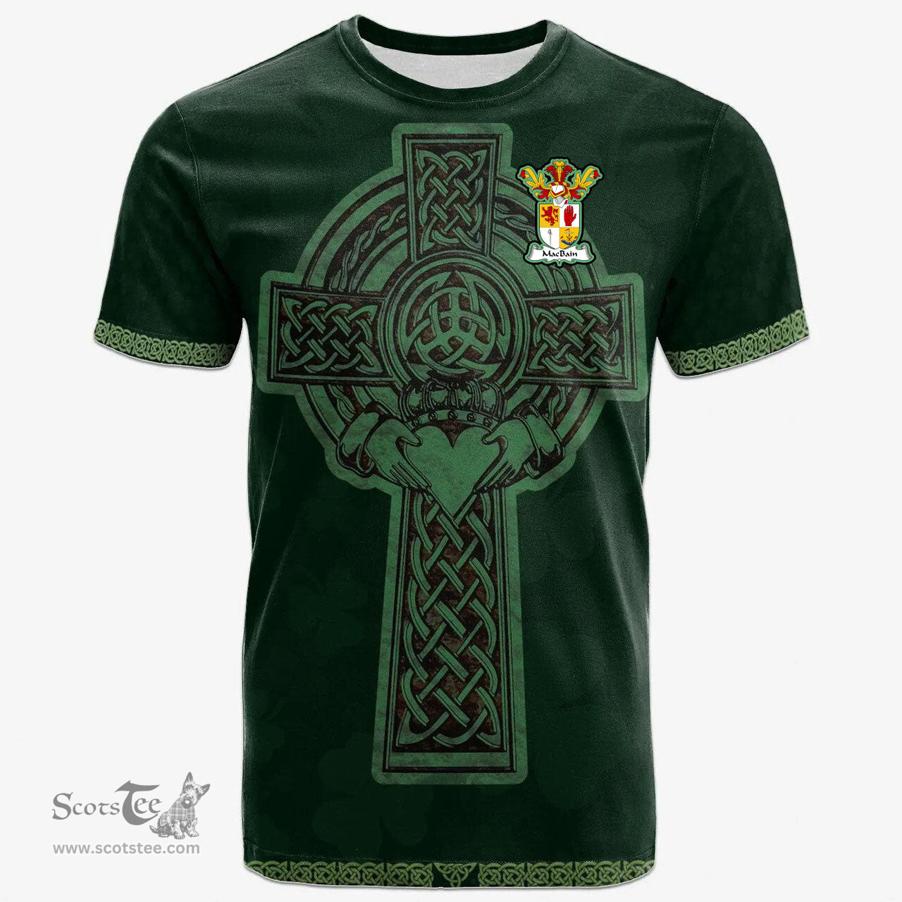 Irish MacBain Coat of Arms Irish T Shirt Irish Cross with Celtic Knot and Claddagh Ring T Shirt