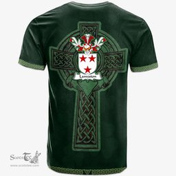 Irish Laweston Coat of Arms Irish T Shirt Irish Cross with Celtic Knot and Claddagh Ring T Shirt