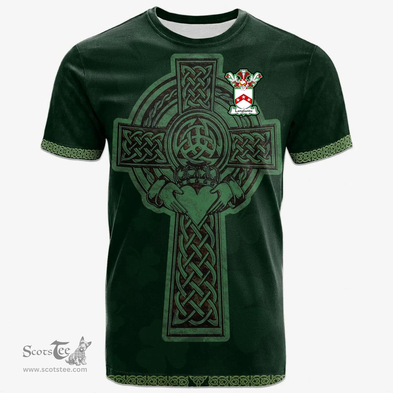 Irish Langlands Coat of Arms Irish T Shirt Irish Cross with Celtic Knot and Claddagh Ring T Shirt