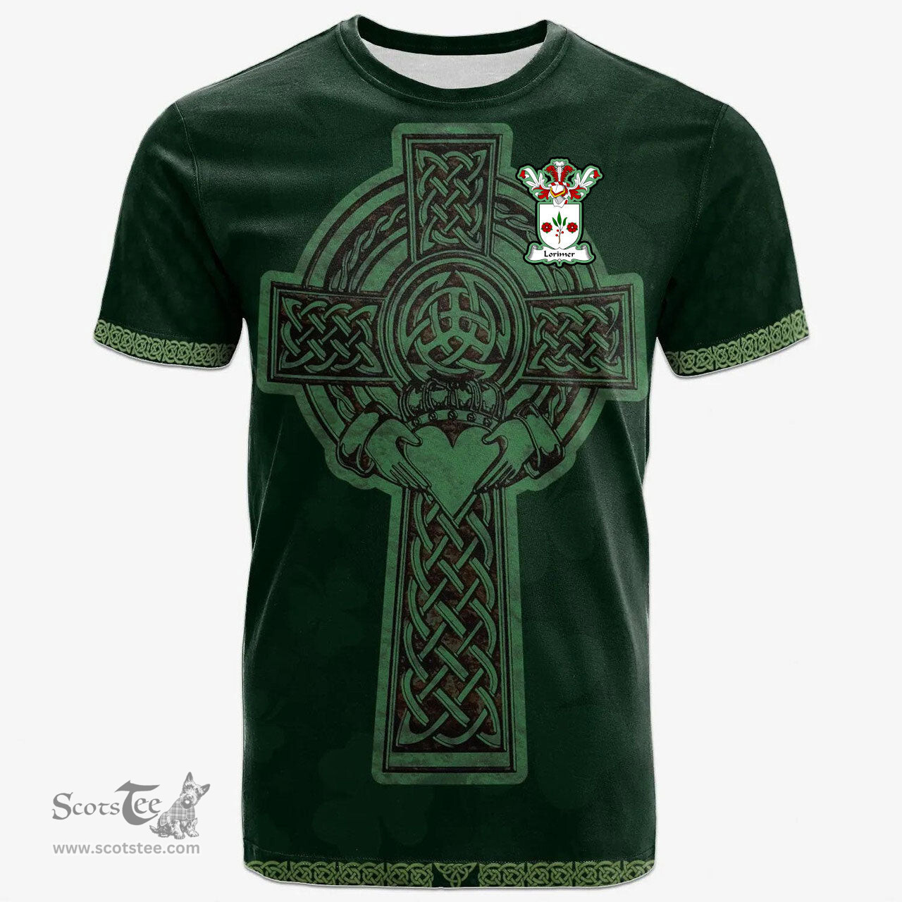 Irish Lorimer Coat of Arms Irish T Shirt Irish Cross with Celtic Knot and Claddagh Ring T Shirt