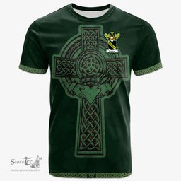 Irish Kinnear Coat of Arms Irish T Shirt Irish Cross with Celtic Knot and Claddagh Ring T Shirt