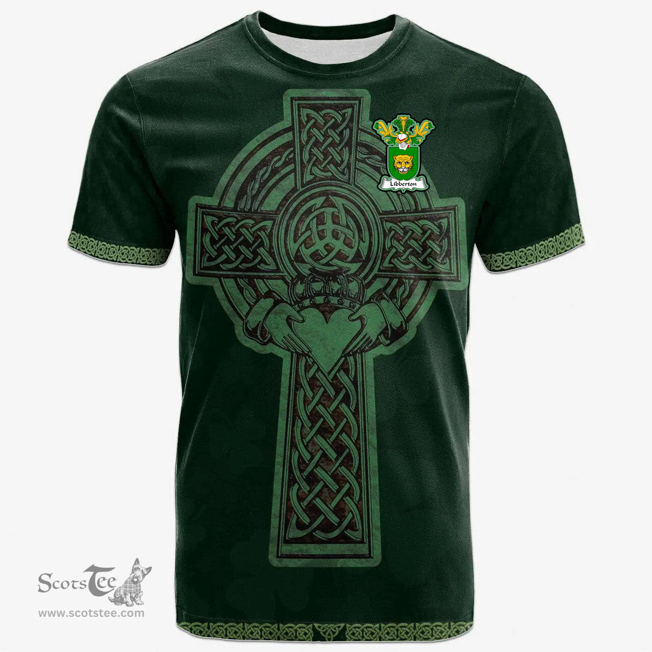 Irish Libberton Coat of Arms Irish T Shirt Irish Cross with Celtic Knot and Claddagh Ring T Shirt