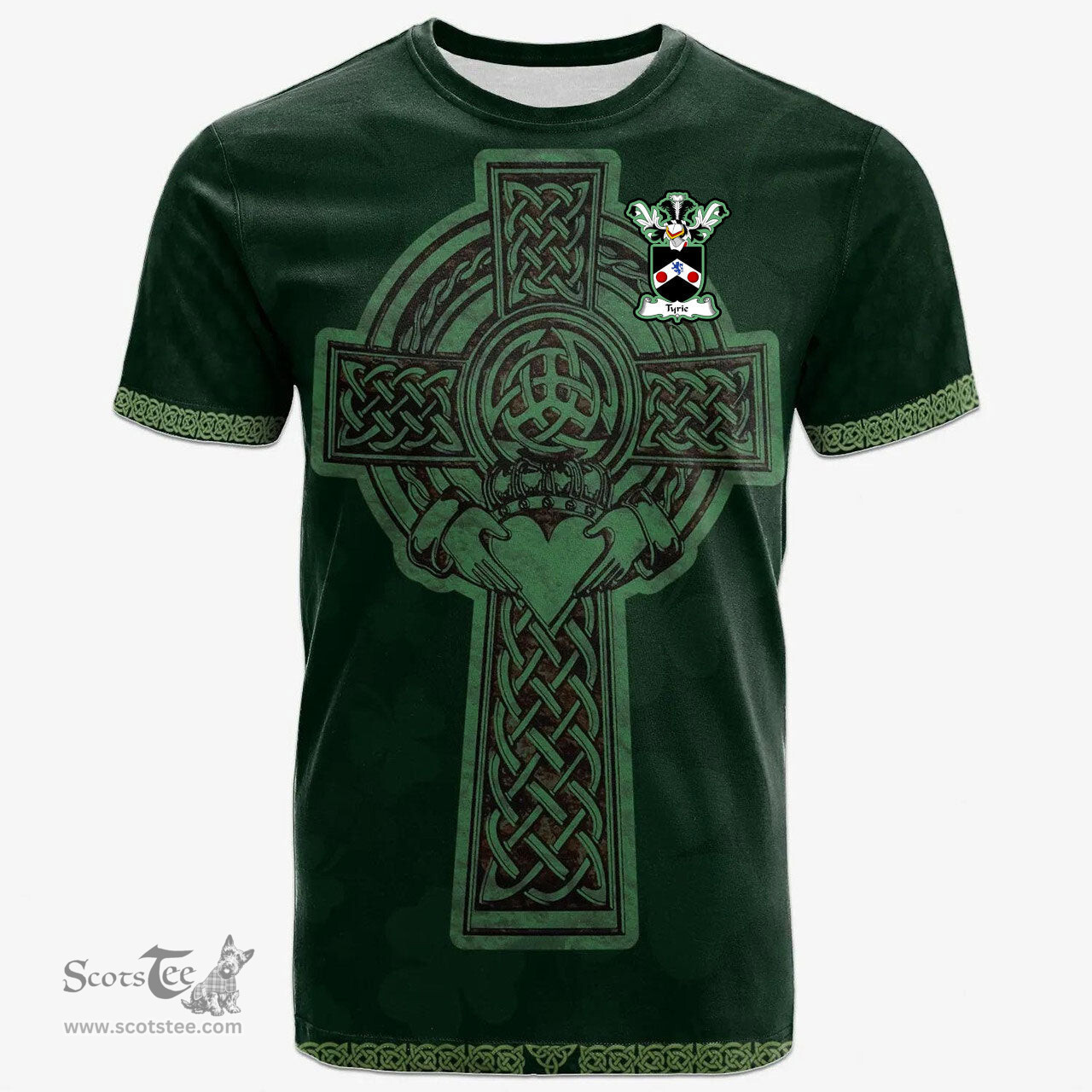 Irish Tyrie Coat of Arms Irish T Shirt Irish Cross with Celtic Knot and Claddagh Ring T Shirt
