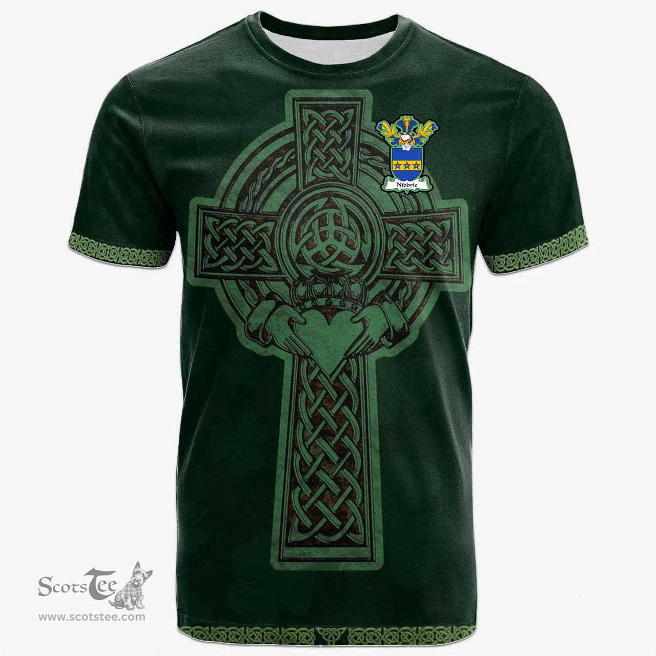 Irish Niddrie Coat of Arms Irish T Shirt Irish Cross with Celtic Knot and Claddagh Ring T Shirt