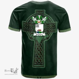 Irish Raeburn Coat of Arms Irish T Shirt Irish Cross with Celtic Knot and Claddagh Ring T Shirt