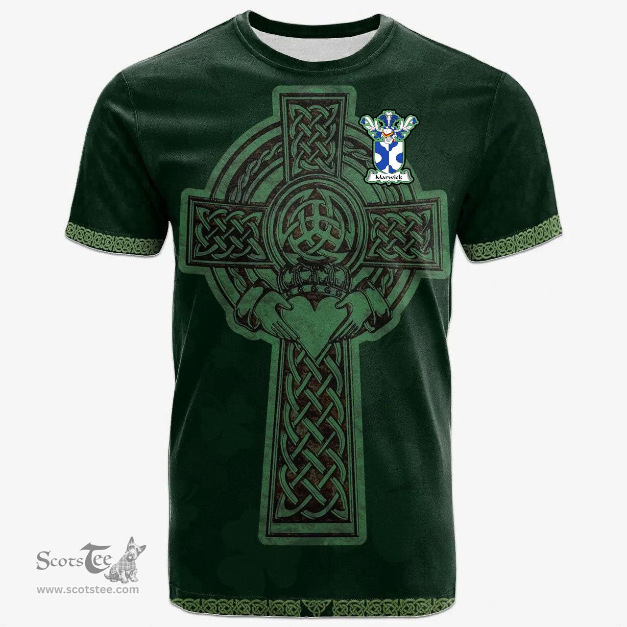 Irish Marwick Coat of Arms Irish T Shirt Irish Cross with Celtic Knot and Claddagh Ring T Shirt