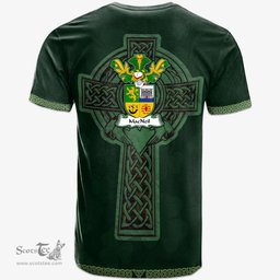 Irish MacNeil or MacNeill Coat of Arms Irish T Shirt Irish Cross with Celtic Knot and Claddagh Ring T Shirt
