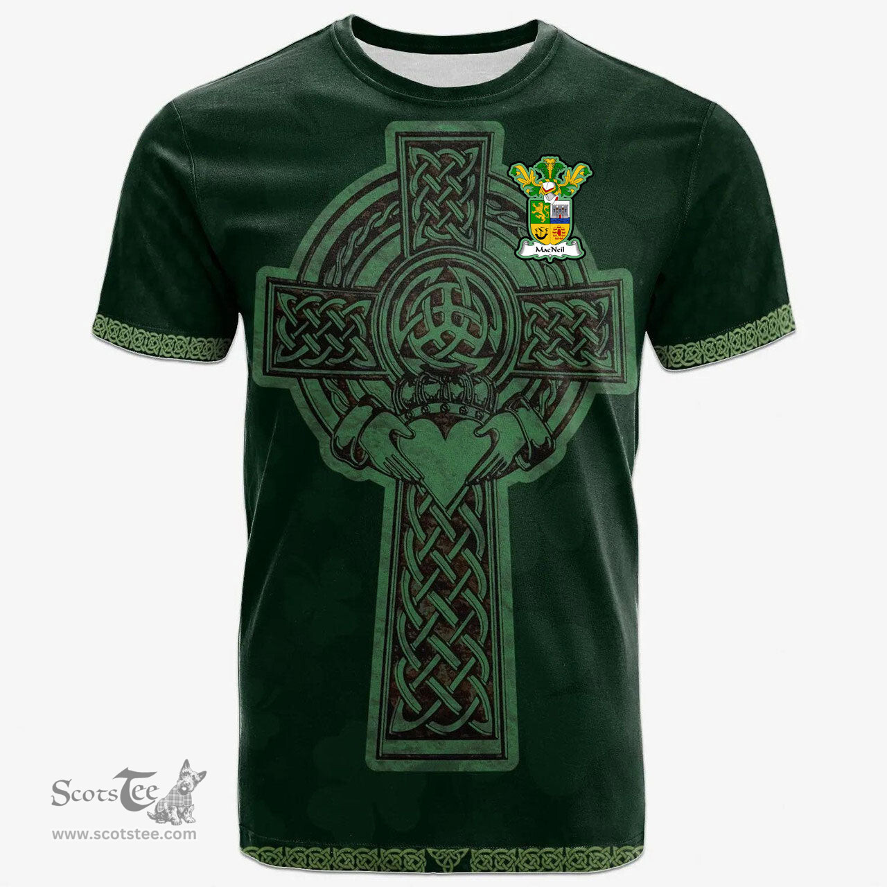 Irish MacNeil or MacNeill Coat of Arms Irish T Shirt Irish Cross with Celtic Knot and Claddagh Ring T Shirt