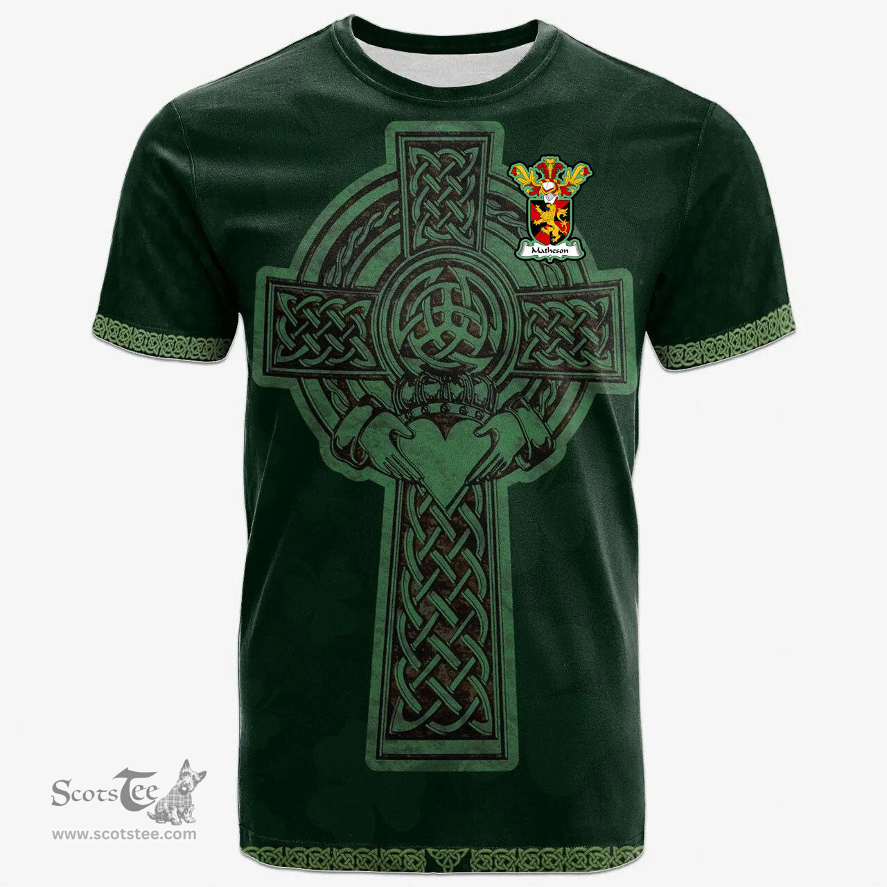 Irish Matheson Coat of Arms Irish T Shirt Irish Cross with Celtic Knot and Claddagh Ring T Shirt