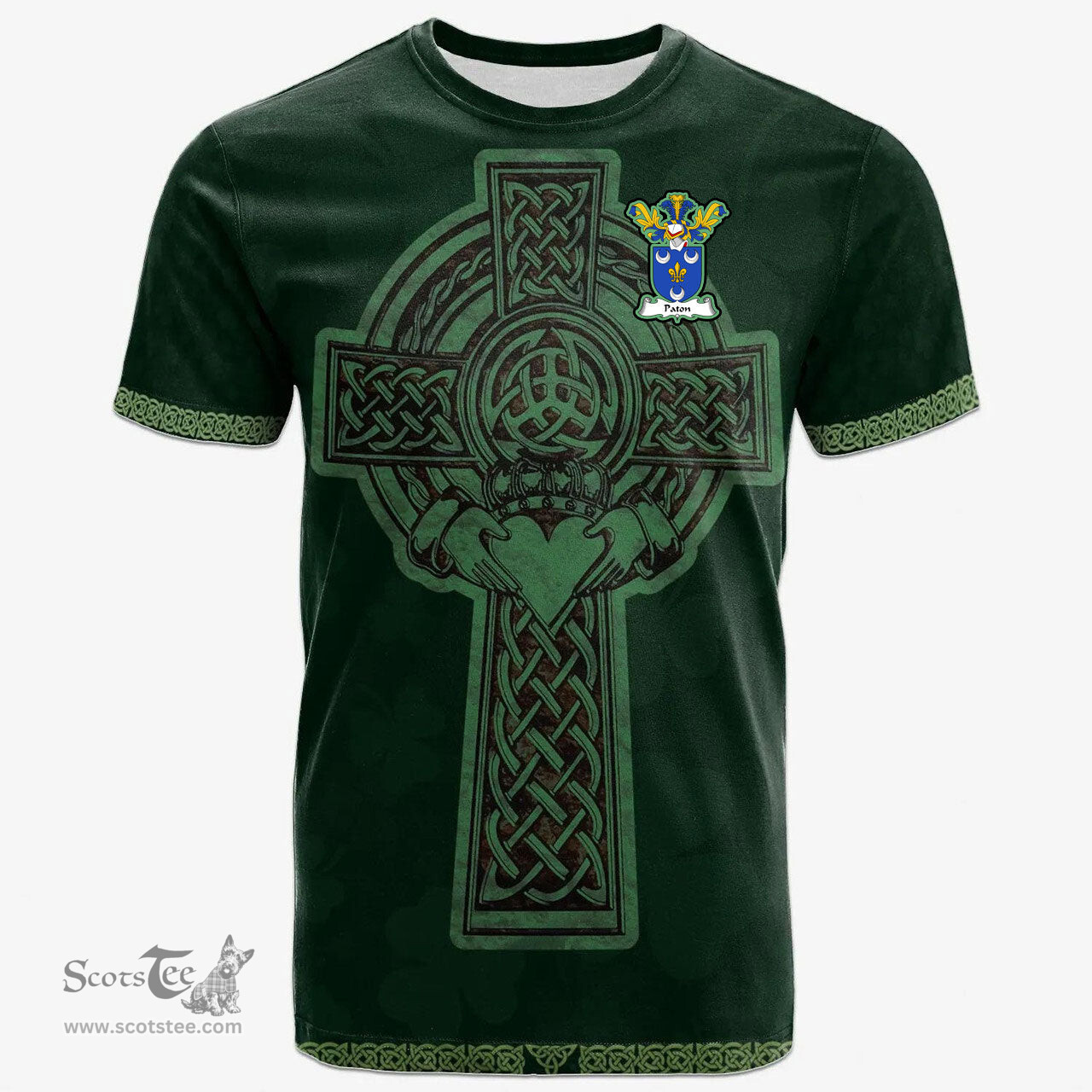 Irish Paton Coat of Arms Irish T Shirt Irish Cross with Celtic Knot and Claddagh Ring T Shirt