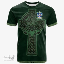 Irish Baskerville of Eardisley Herefordshire Welsh Coat of Arms Irish T Shirt Irish Cross with Celtic Knot and Claddagh Ring T Shirt