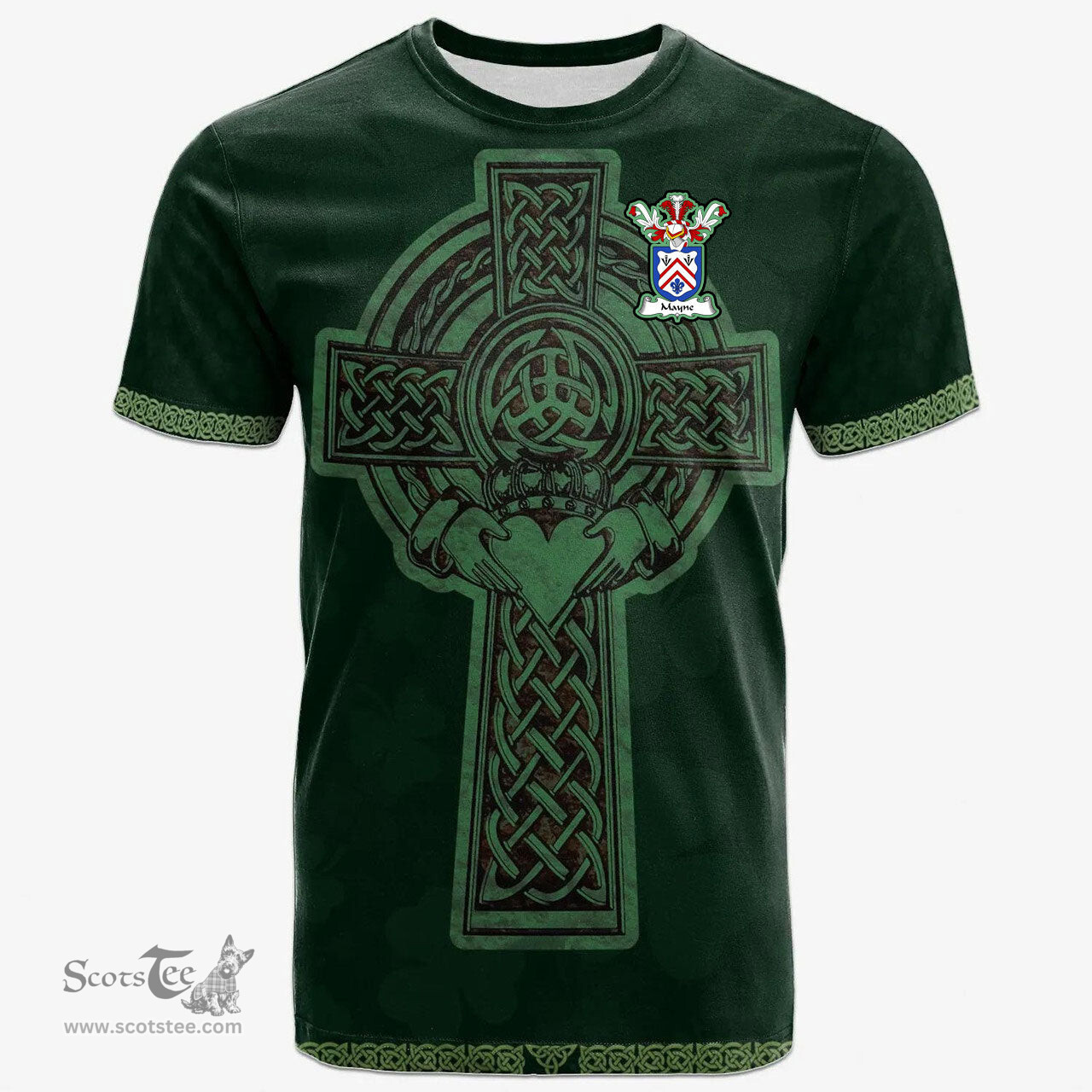 Irish Mayne Coat of Arms Irish T Shirt Irish Cross with Celtic Knot and Claddagh Ring T Shirt