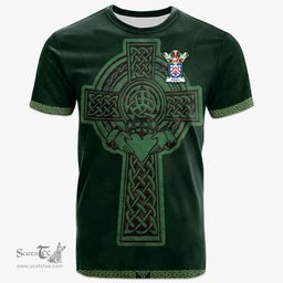Irish Mayne Coat of Arms Irish T Shirt Irish Cross with Celtic Knot and Claddagh Ring T Shirt