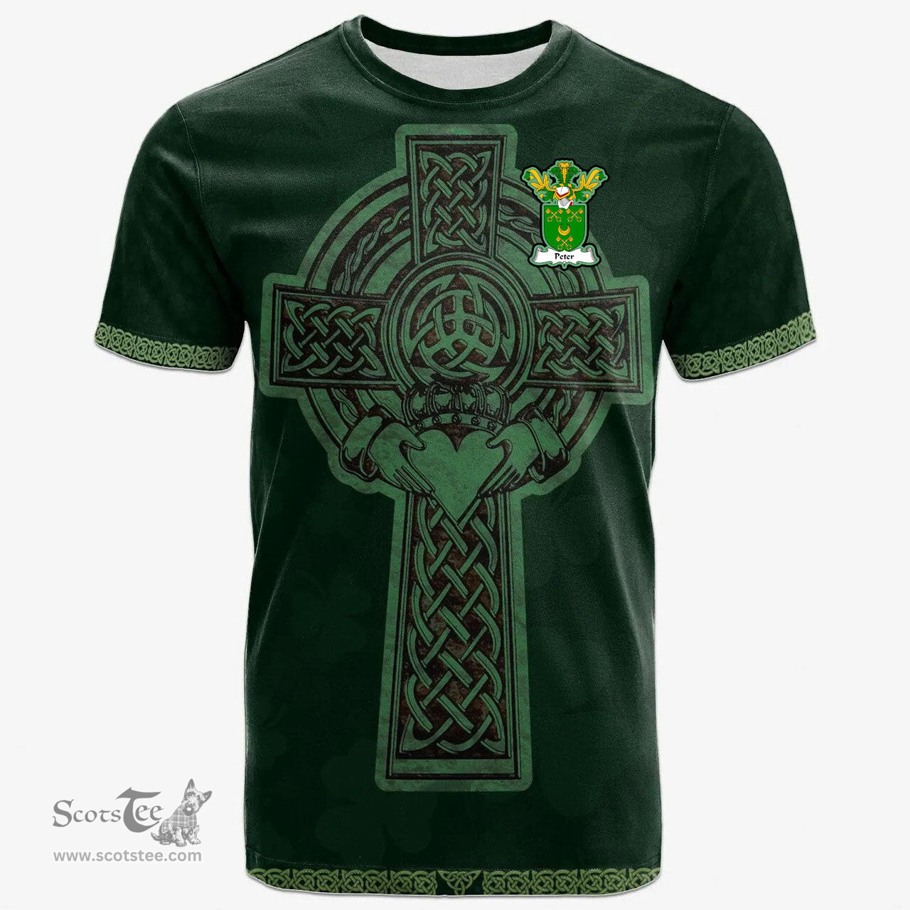 Irish Peter Coat of Arms Irish T Shirt Irish Cross with Celtic Knot and Claddagh Ring T Shirt