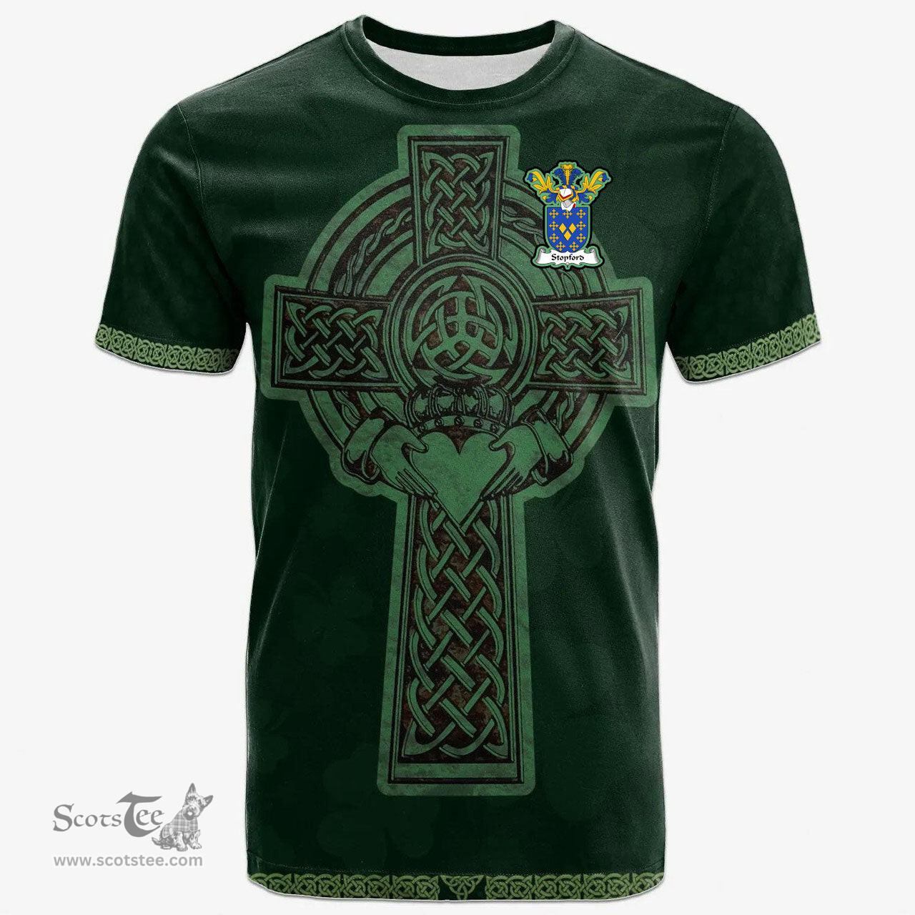 Irish Stopford Coat of Arms Irish T Shirt Irish Cross with Celtic Knot and Claddagh Ring T Shirt