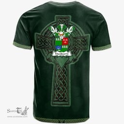 Irish MacQuarrie or MacGuarie Coat of Arms Irish T Shirt Irish Cross with Celtic Knot and Claddagh Ring T Shirt