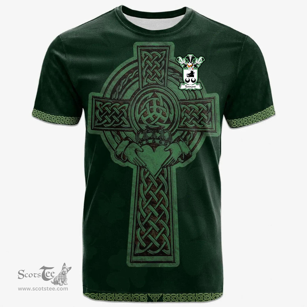 Irish Tennant Coat of Arms Irish T Shirt Irish Cross with Celtic Knot and Claddagh Ring T Shirt