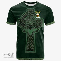 Irish Stott Coat of Arms Irish T Shirt Irish Cross with Celtic Knot and Claddagh Ring T Shirt