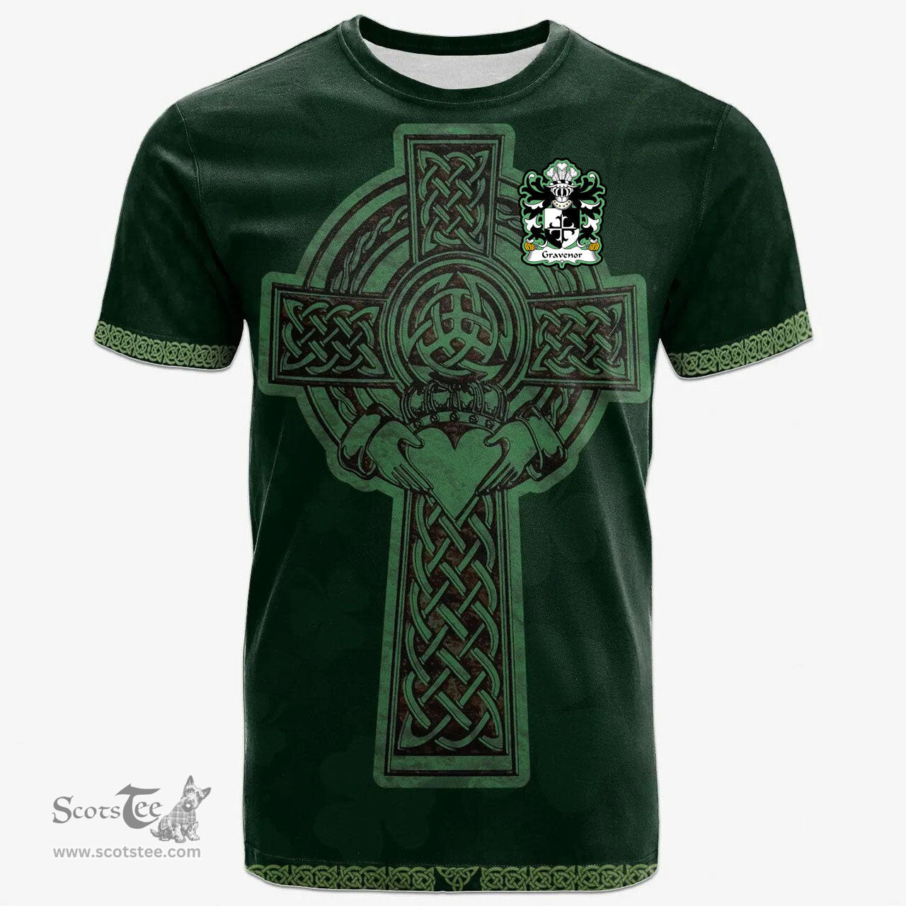 Irish Gravenor or Gosvenor Welsh Coat of Arms Irish T Shirt Irish Cross with Celtic Knot and Claddagh Ring T Shirt