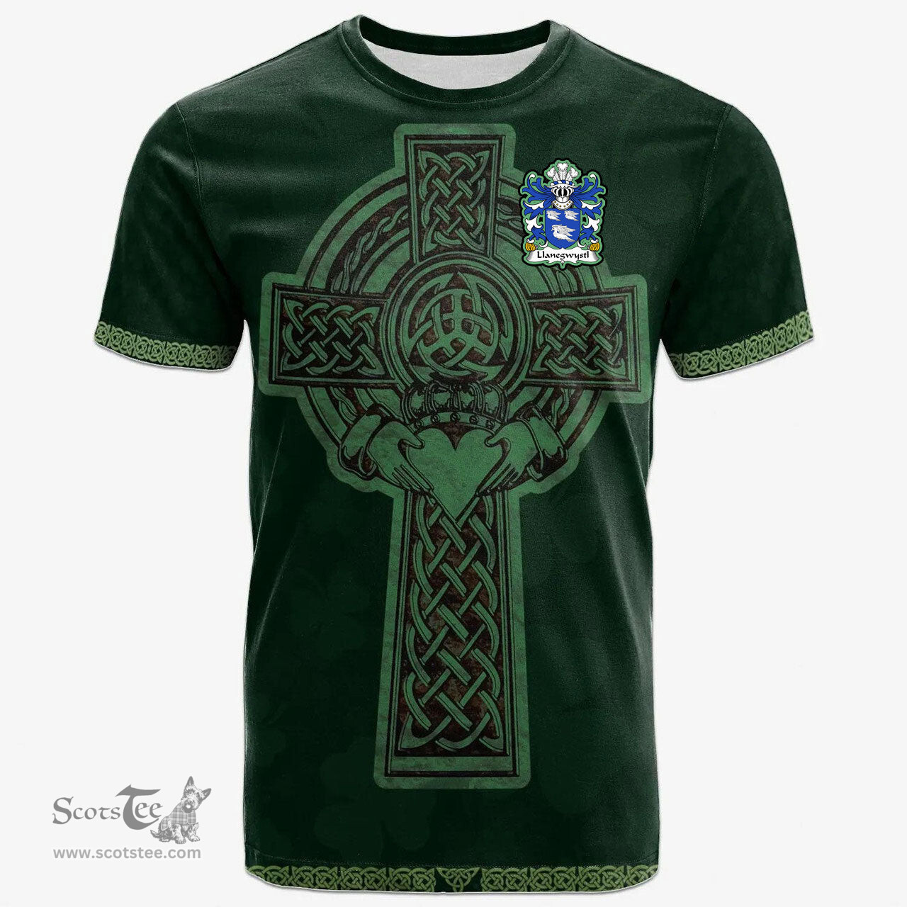Irish Llanegwystl VALLEY CRUCIS ABBEY Welsh Coat of Arms Irish T Shirt Irish Cross with Celtic Knot and Claddagh Ring T Shirt