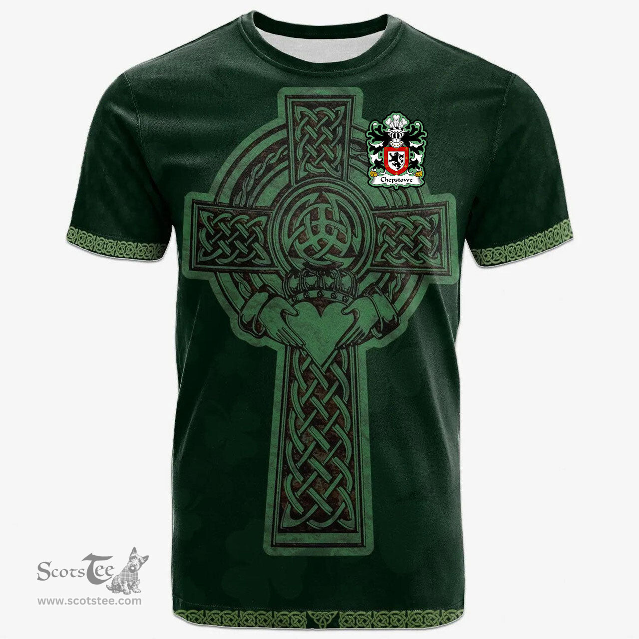 Irish Chepstowe Monmouthshire Welsh Coat of Arms Irish T Shirt Irish Cross with Celtic Knot and Claddagh Ring T Shirt