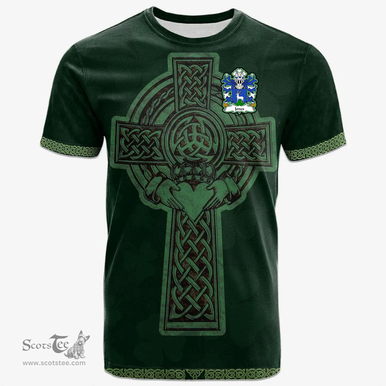 Irish Jones of Beaumaris Anglesey Welsh Coat of Arms Irish T Shirt Irish Cross with Celtic Knot and Claddagh Ring T Shirt