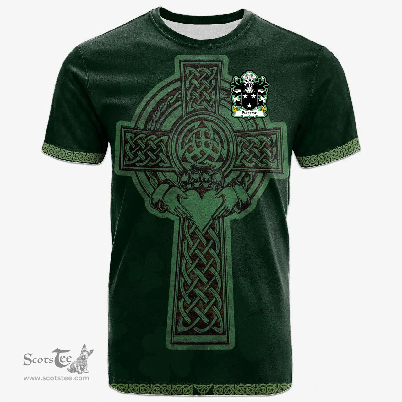 Irish Puleston of Emral Worthenbury Denbighshire Welsh Coat of Arms Irish T Shirt Irish Cross with Celtic Knot and Claddagh Ring T Shirt