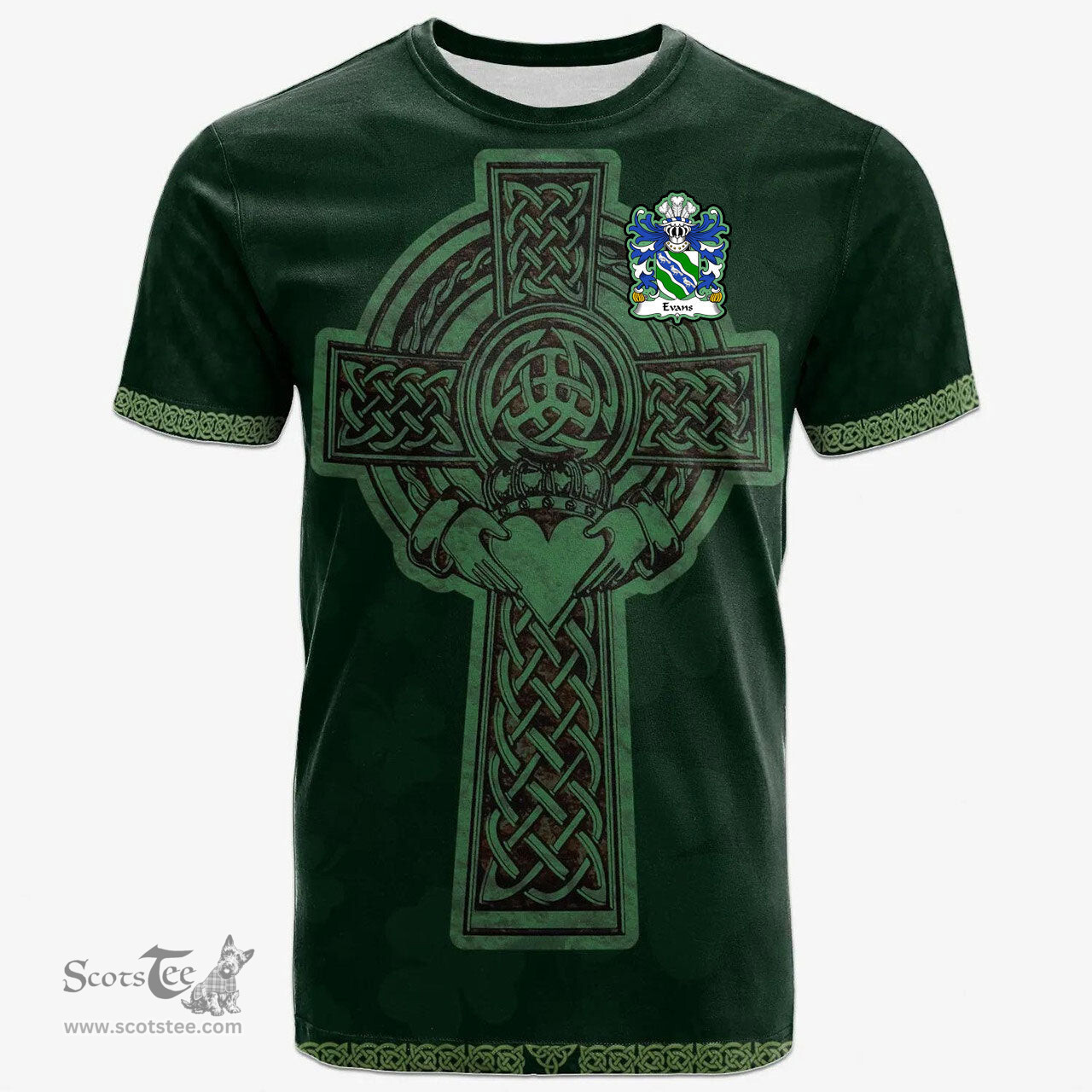Irish Evans of Chester Welsh Coat of Arms Irish T Shirt Irish Cross with Celtic Knot and Claddagh Ring T Shirt