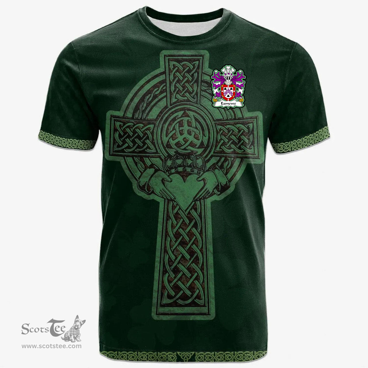 Irish Exmewe of Ruthin Denbighshire Welsh Coat of Arms Irish T Shirt Irish Cross with Celtic Knot and Claddagh Ring T Shirt