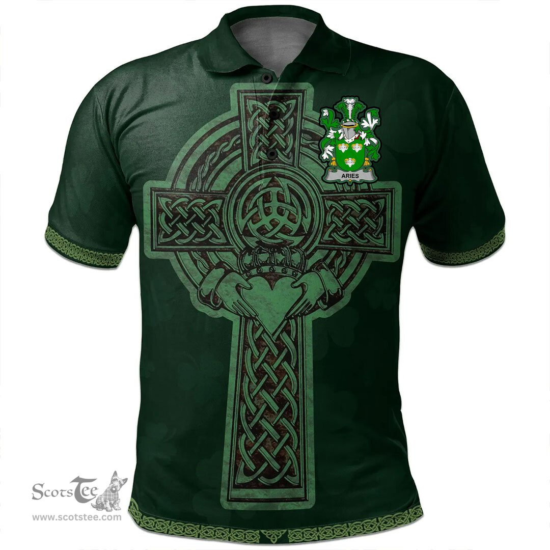 Irish Aries Coat of Arms Irish Polo Shirt Irish Cross with Celtic Knot and Claddagh Ring Polo Shirt