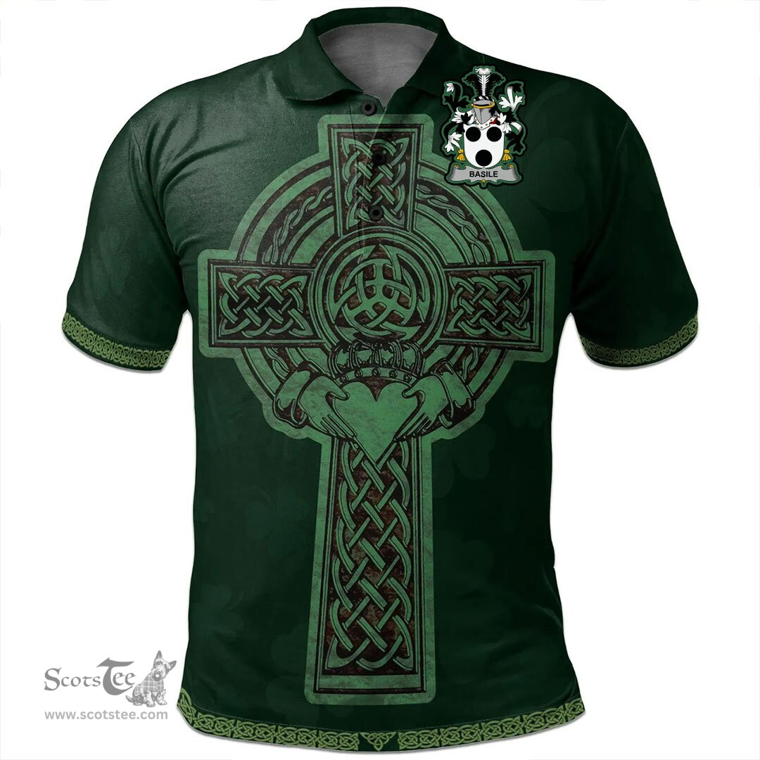 Irish Basile Coat of Arms Irish Polo Shirt Irish Cross with Celtic Knot and Claddagh Ring Polo Shirt