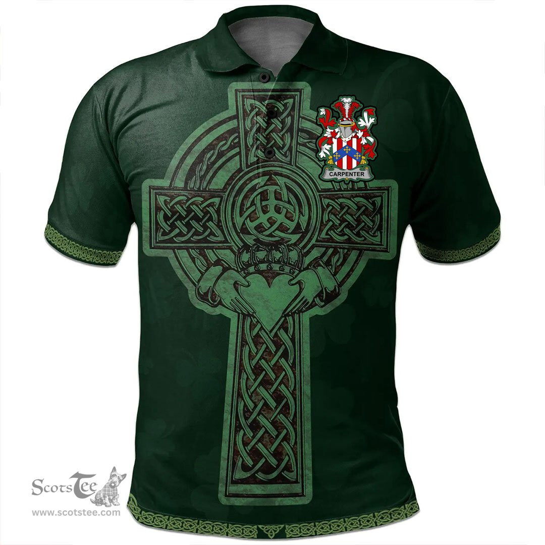 Irish Carpenter Coat of Arms Irish Polo Shirt Irish Cross with Celtic Knot and Claddagh Ring Polo Shirt