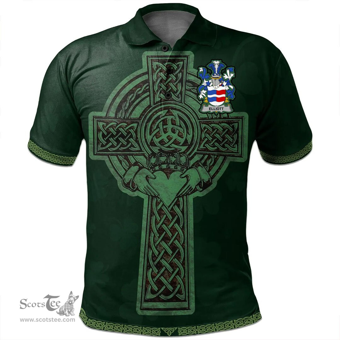 Irish Elliott Coat of Arms Irish Polo Shirt Irish Cross with Celtic Knot and Claddagh Ring Polo Shirt