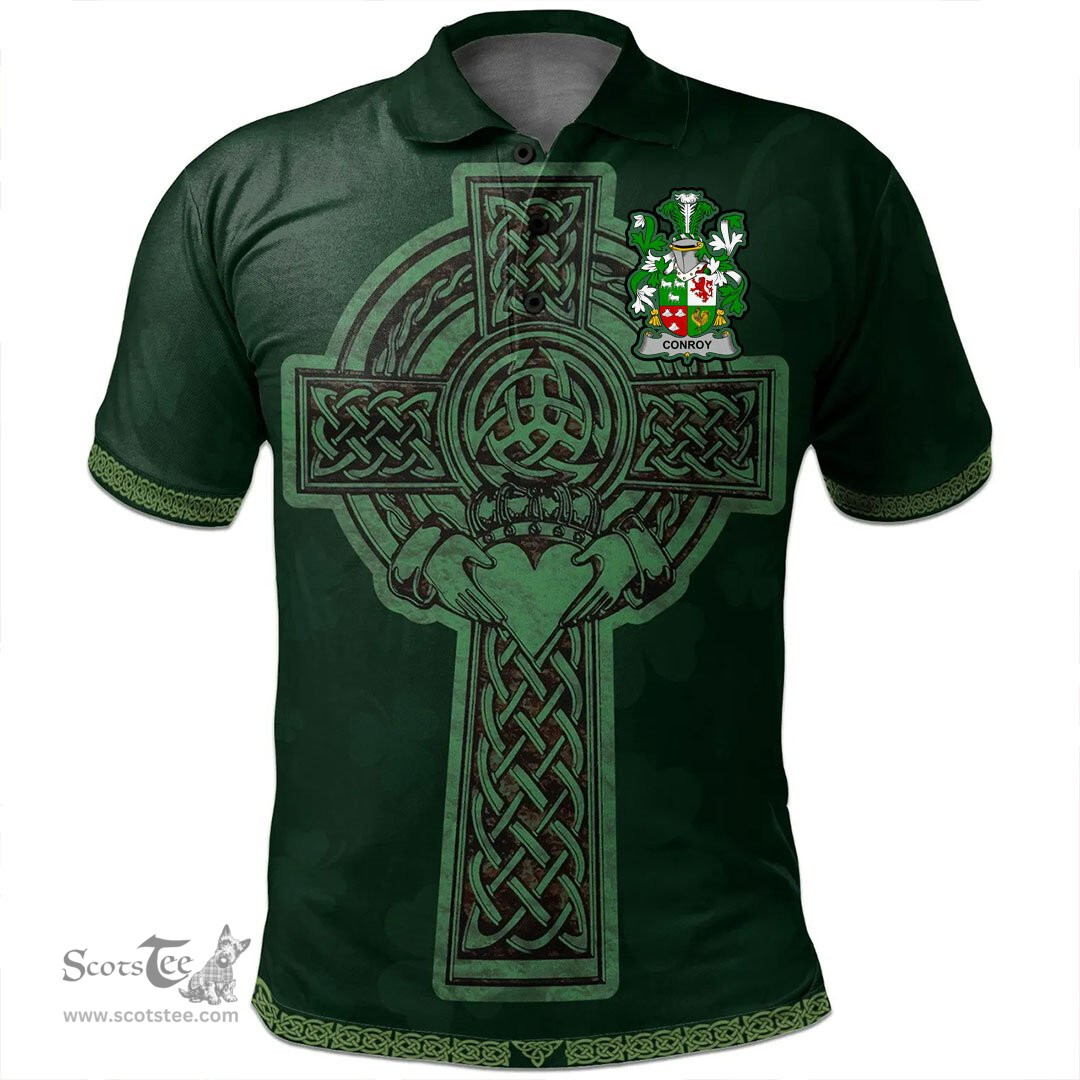 Irish Conroy or O'Conry Coat of Arms Irish Polo Shirt Irish Cross with Celtic Knot and Claddagh Ring Polo Shirt