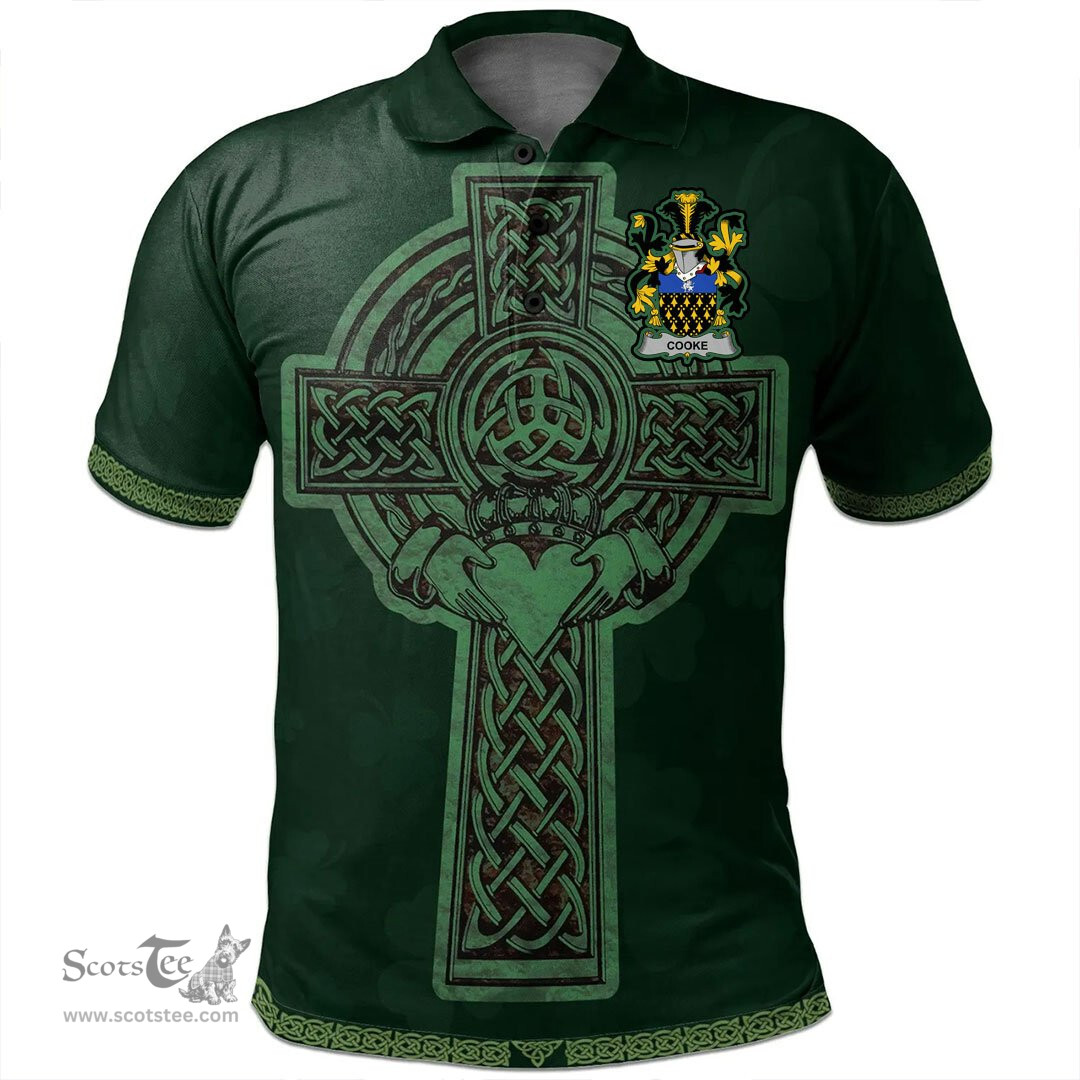 Irish Cooke Coat of Arms Irish Polo Shirt Irish Cross with Celtic Knot and Claddagh Ring Polo Shirt