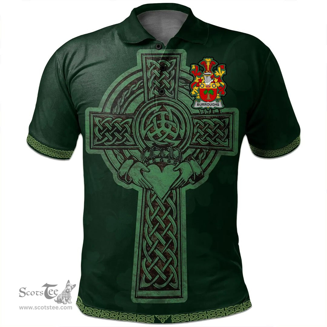 Irish Burroughs Coat of Arms Irish Polo Shirt Irish Cross with Celtic Knot and Claddagh Ring Polo Shirt