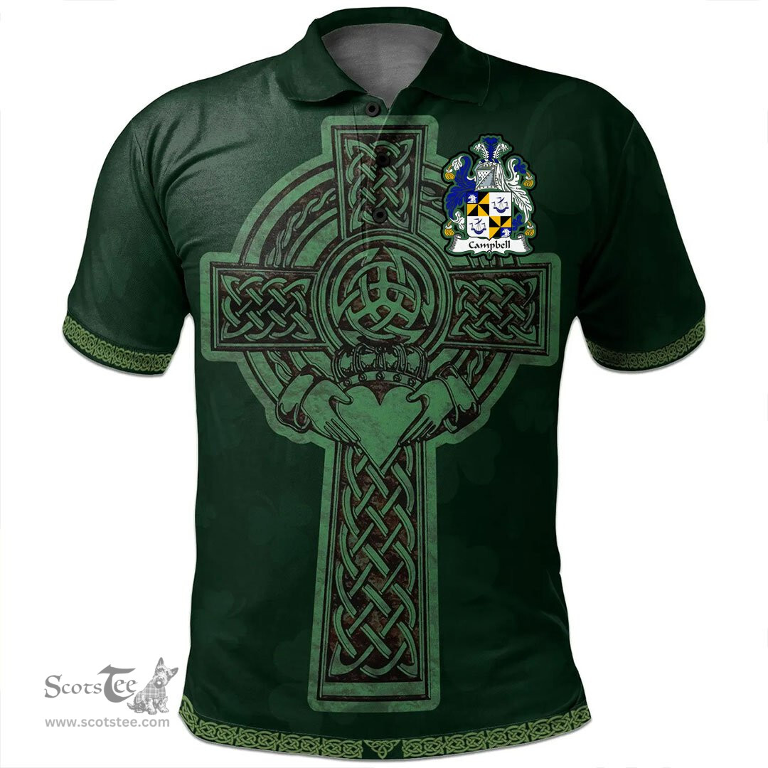 Irish Campbell Coat of Arms Irish Polo Shirt Irish Cross with Celtic Knot and Claddagh Ring Polo Shirt