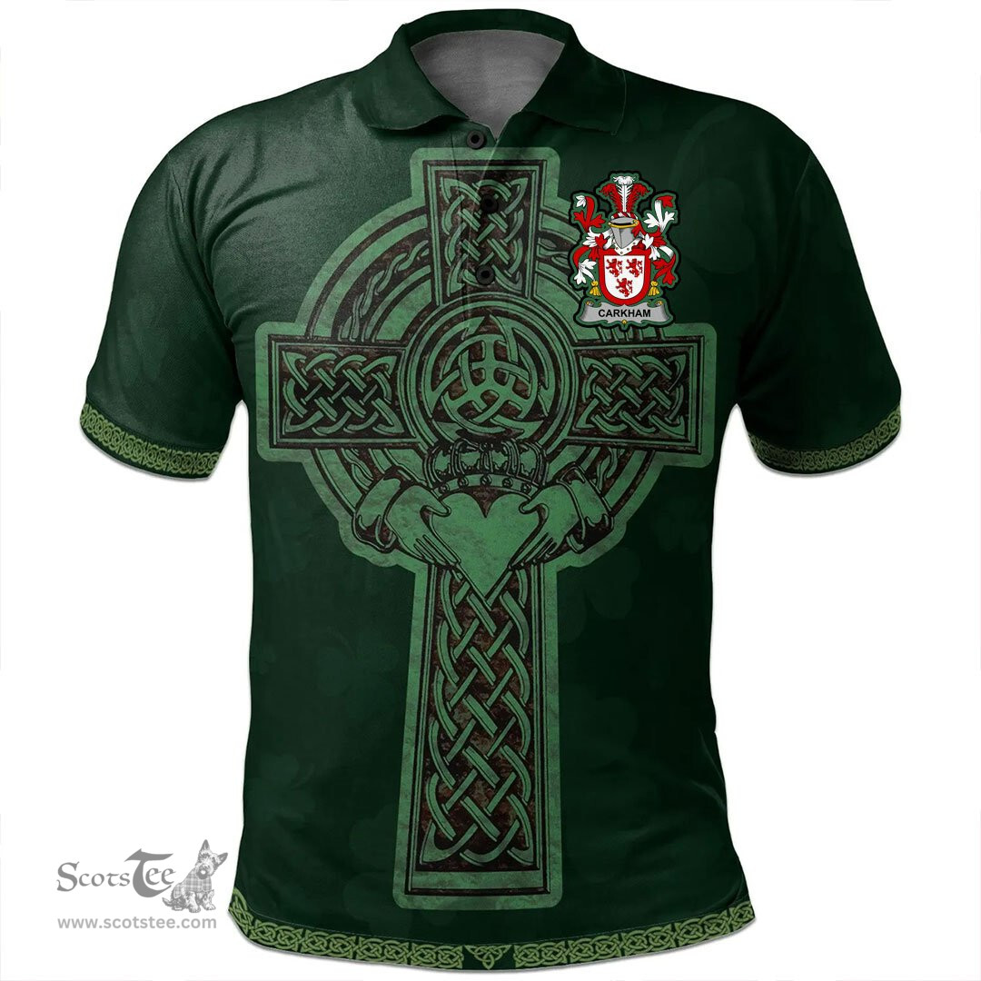 Irish Carkham Coat of Arms Irish Polo Shirt Irish Cross with Celtic Knot and Claddagh Ring Polo Shirt