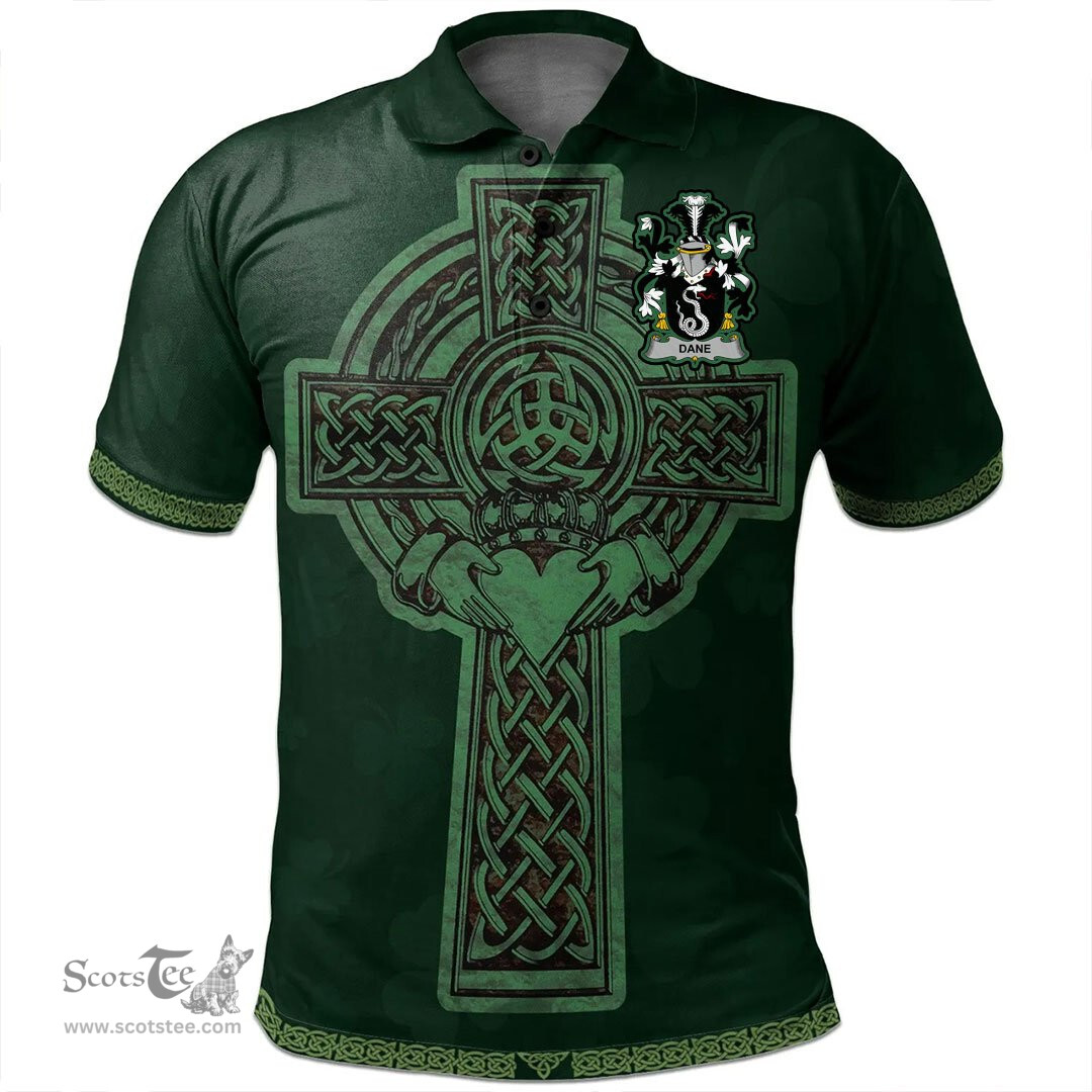 Irish Dane or O'Dane Coat of Arms Irish Polo Shirt Irish Cross with Celtic Knot and Claddagh Ring Polo Shirt