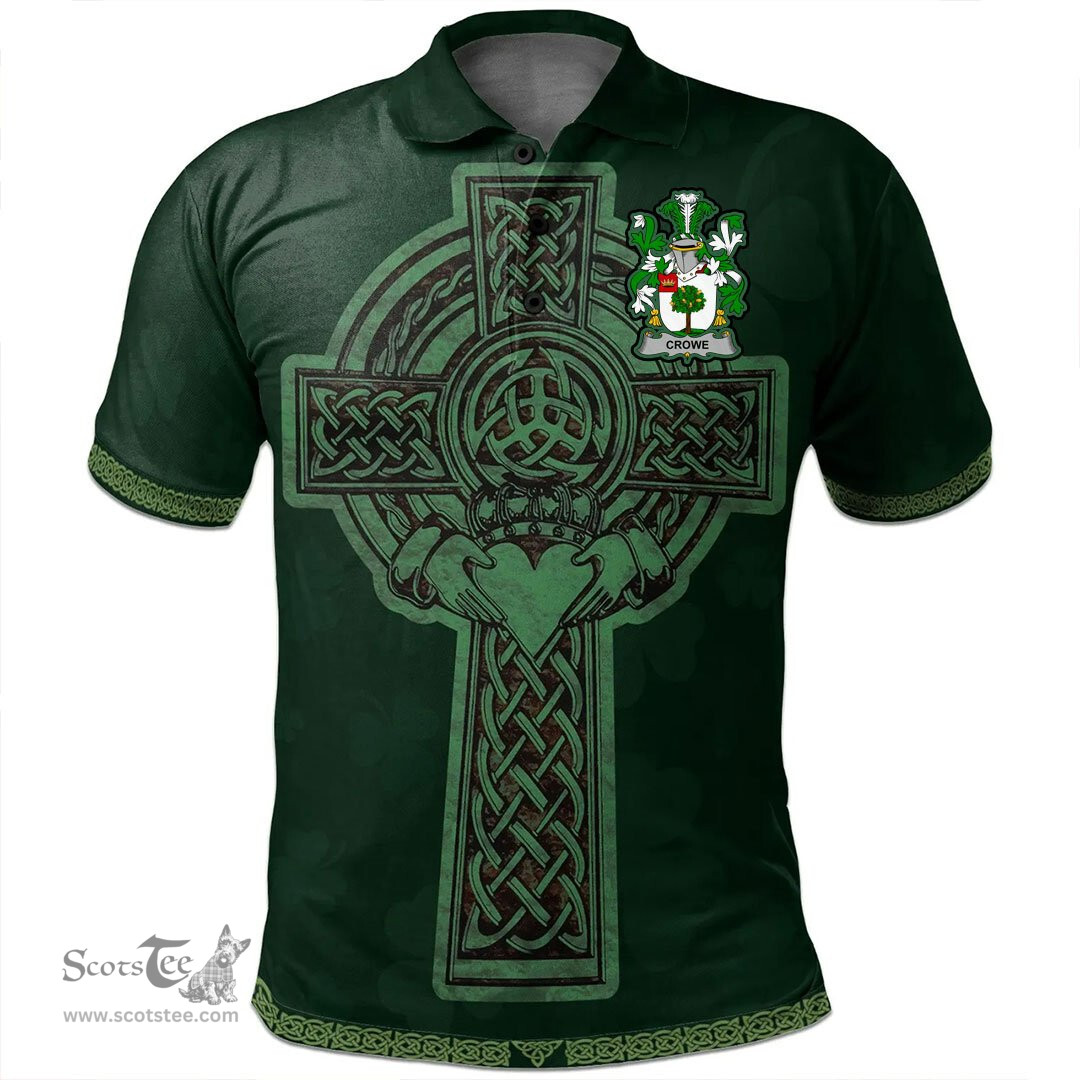 Irish Crowe or McEnchroe Coat of Arms Irish Polo Shirt Irish Cross with Celtic Knot and Claddagh Ring Polo Shirt