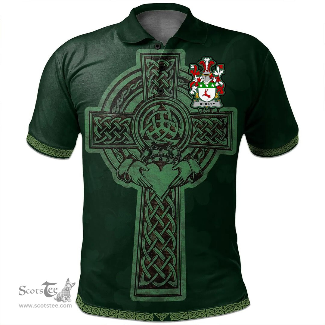 Irish Doherty or O'Doherty Coat of Arms Irish Polo Shirt Irish Cross with Celtic Knot and Claddagh Ring Polo Shirt
