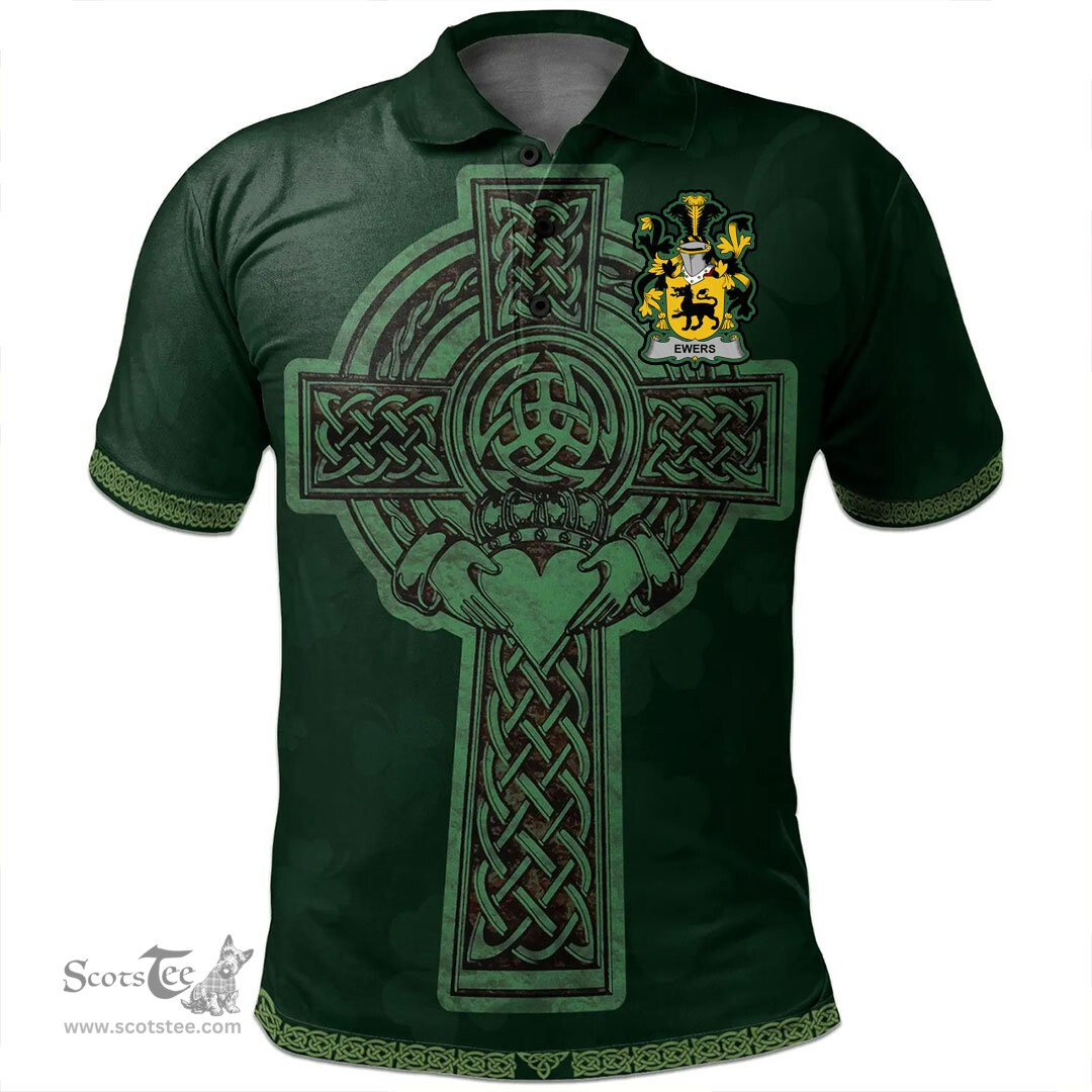 Irish Ewing Coat of Arms Irish Polo Shirt Irish Cross with Celtic Knot and Claddagh Ring Polo Shirt