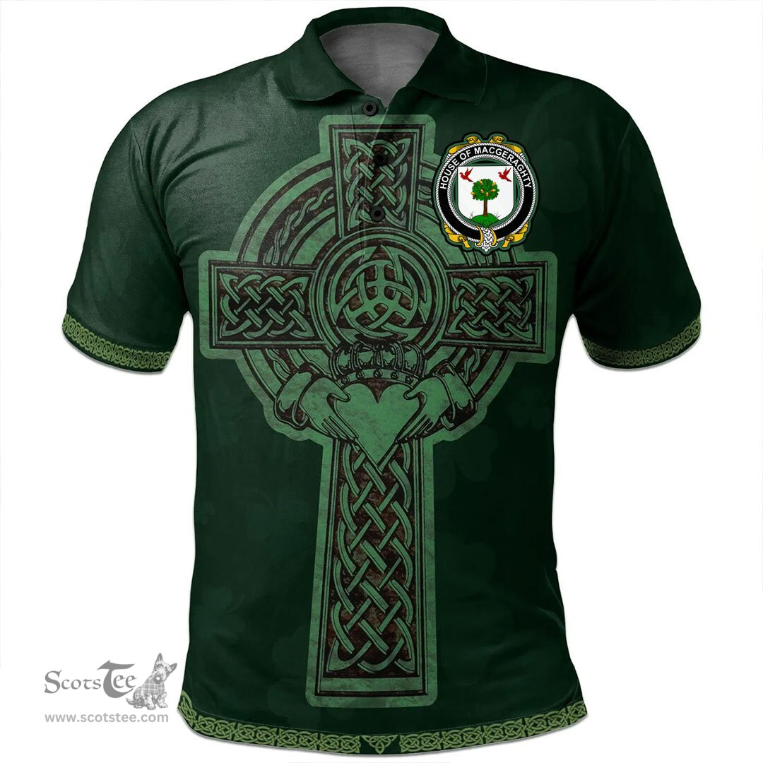 Irish House of MACGERAGHTY Coat of Arms Irish Polo Shirt Irish Cross with Celtic Knot and Claddagh Ring Polo Shirt