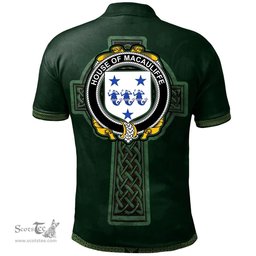 Irish House of MACAULIFFE Coat of Arms Irish Polo Shirt Irish Cross with Celtic Knot and Claddagh Ring Polo Shirt