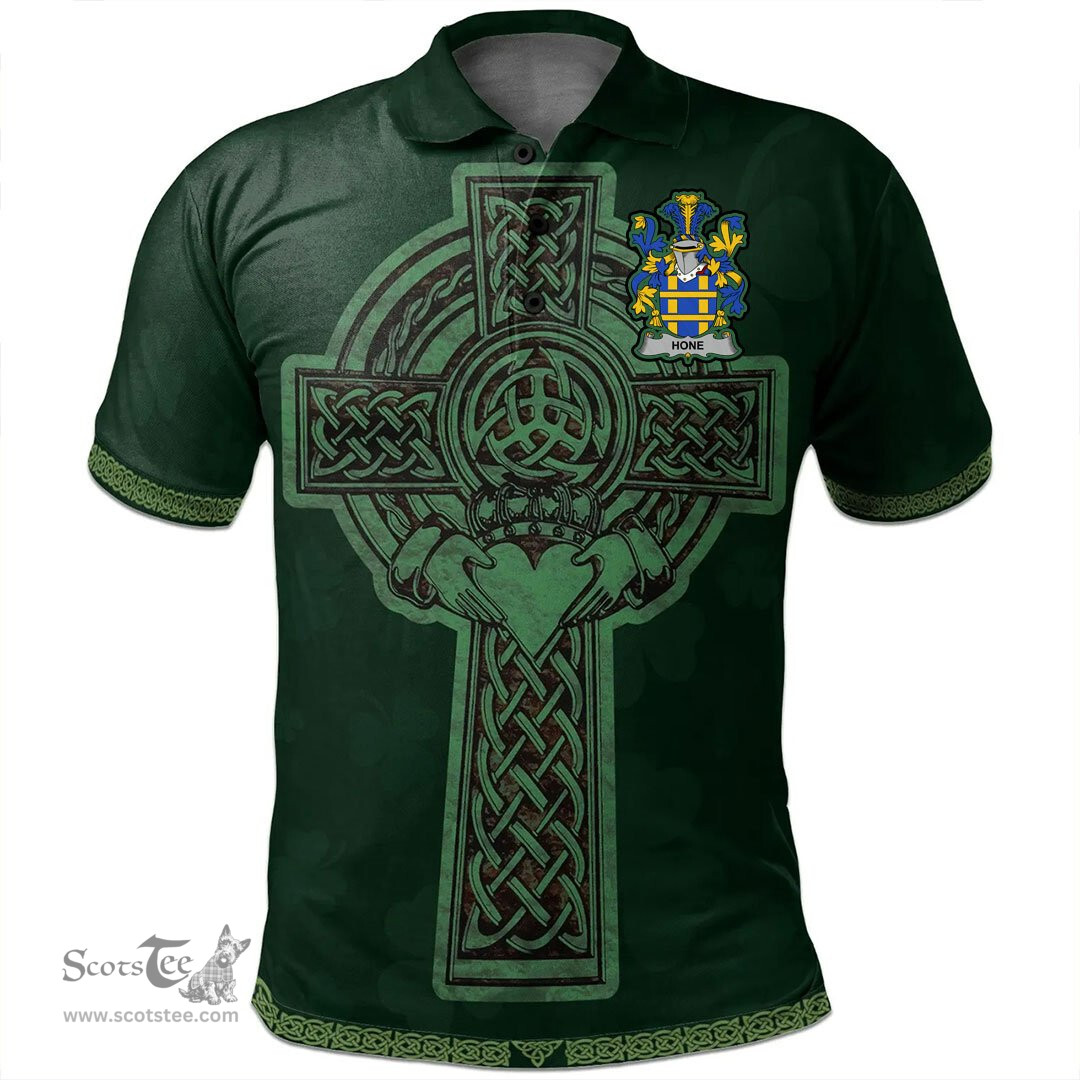 Irish Hone or O'Hone Coat of Arms Irish Polo Shirt Irish Cross with Celtic Knot and Claddagh Ring Polo Shirt