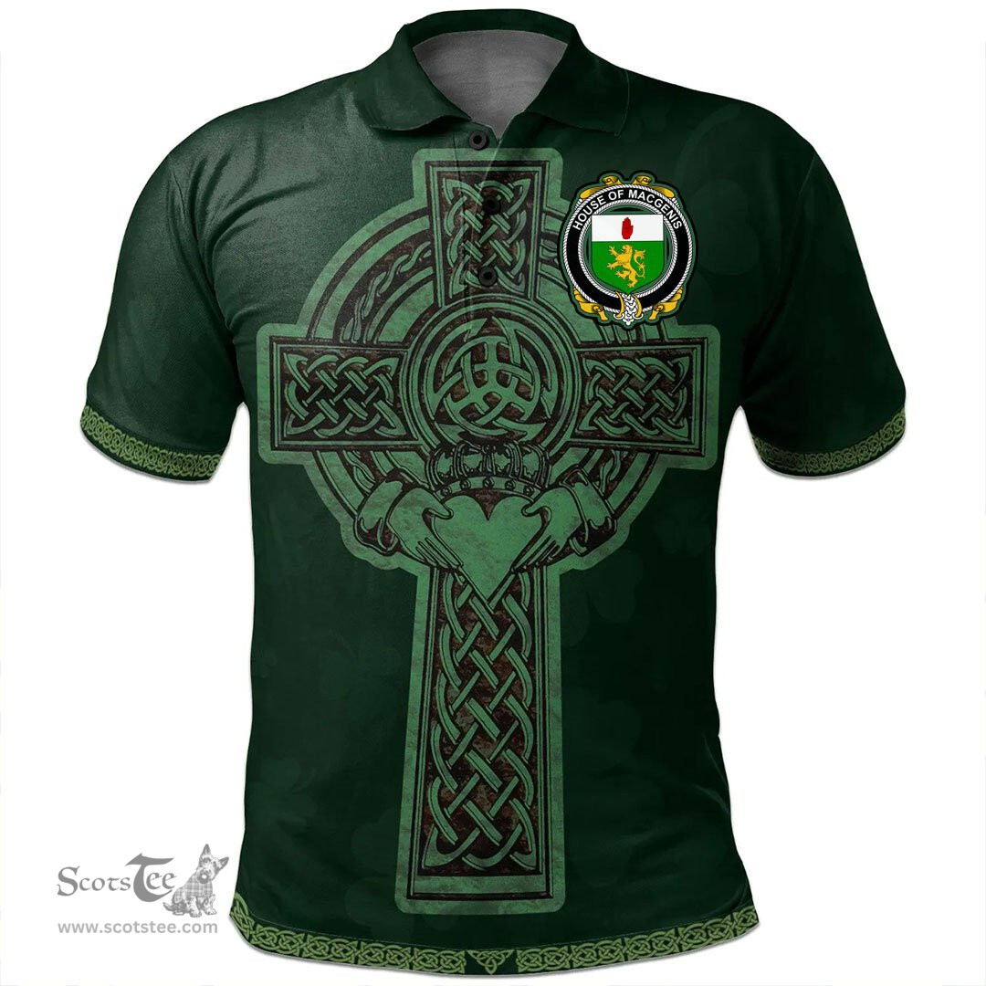 Irish House of MACGENIS Coat of Arms Irish Polo Shirt Irish Cross with Celtic Knot and Claddagh Ring Polo Shirt