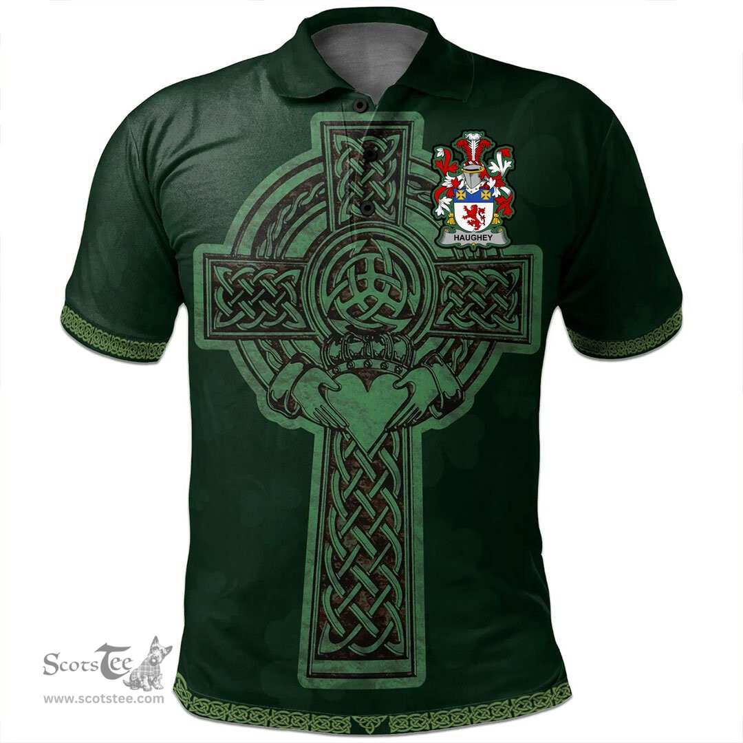 Irish Haugher or O'Haffey Coat of Arms Irish Polo Shirt Irish Cross with Celtic Knot and Claddagh Ring Polo Shirt