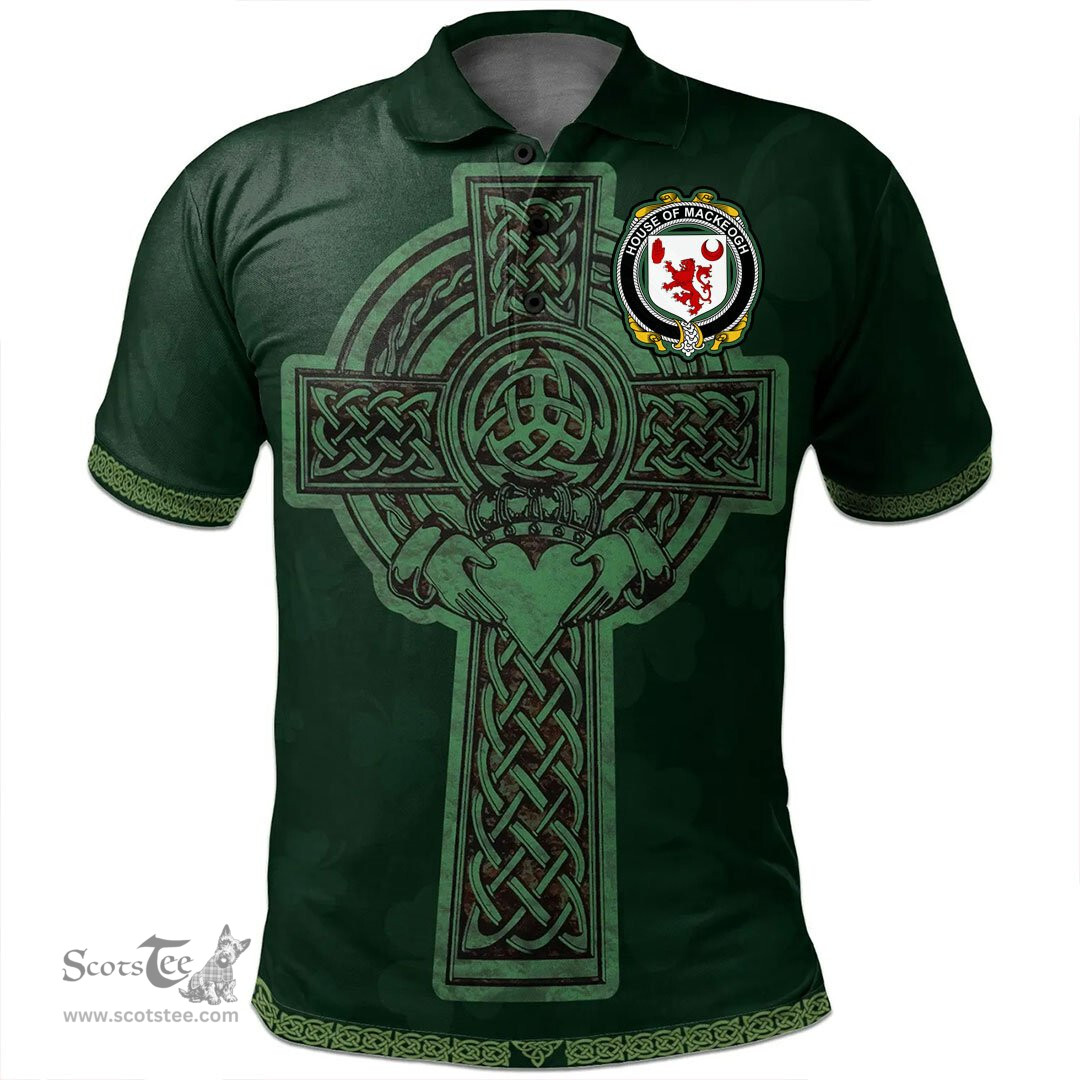 Irish House of MACKEOGH Coat of Arms Irish Polo Shirt Irish Cross with Celtic Knot and Claddagh Ring Polo Shirt